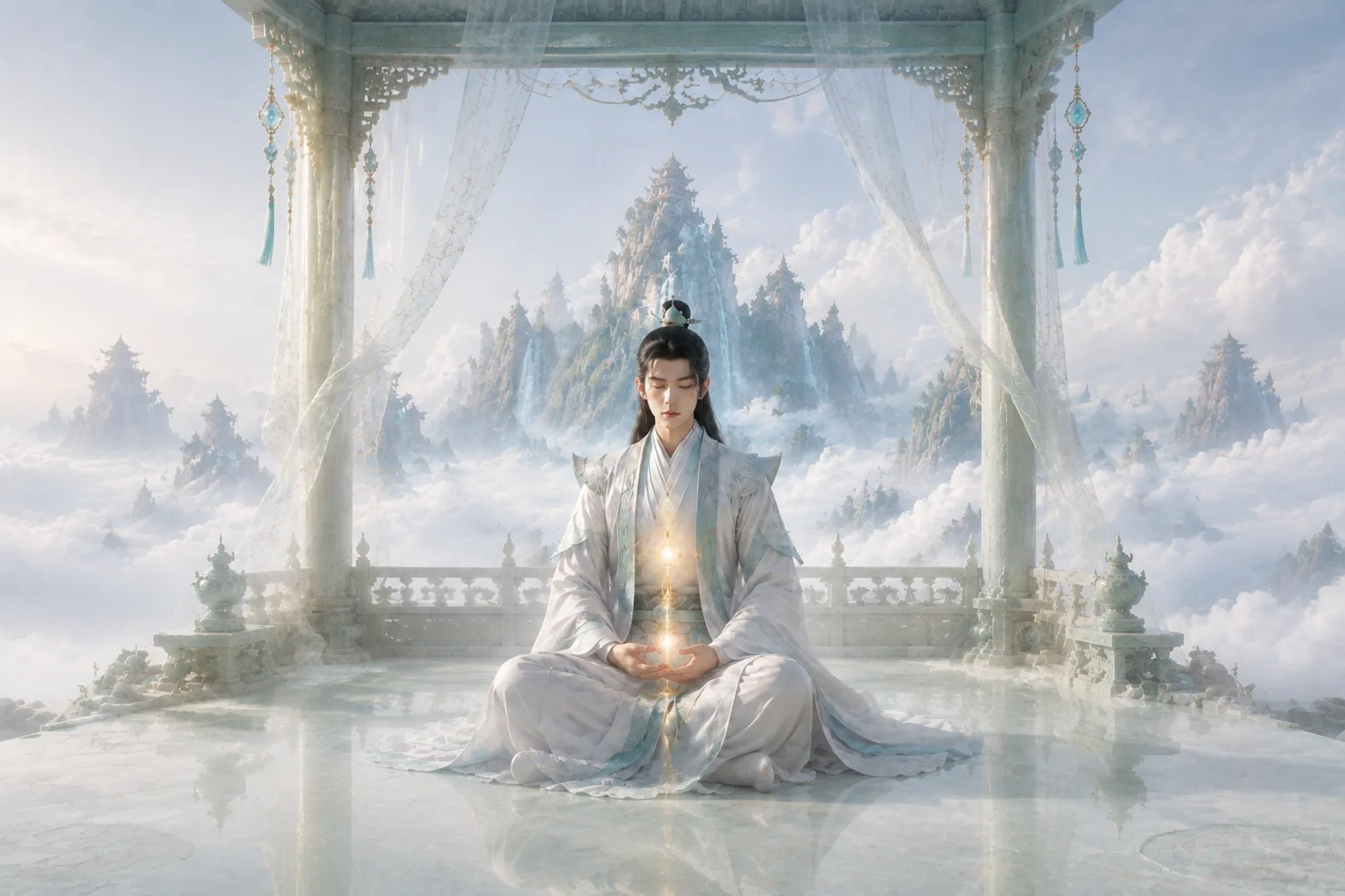 玉亭云谷中引息归丹田的青年修士