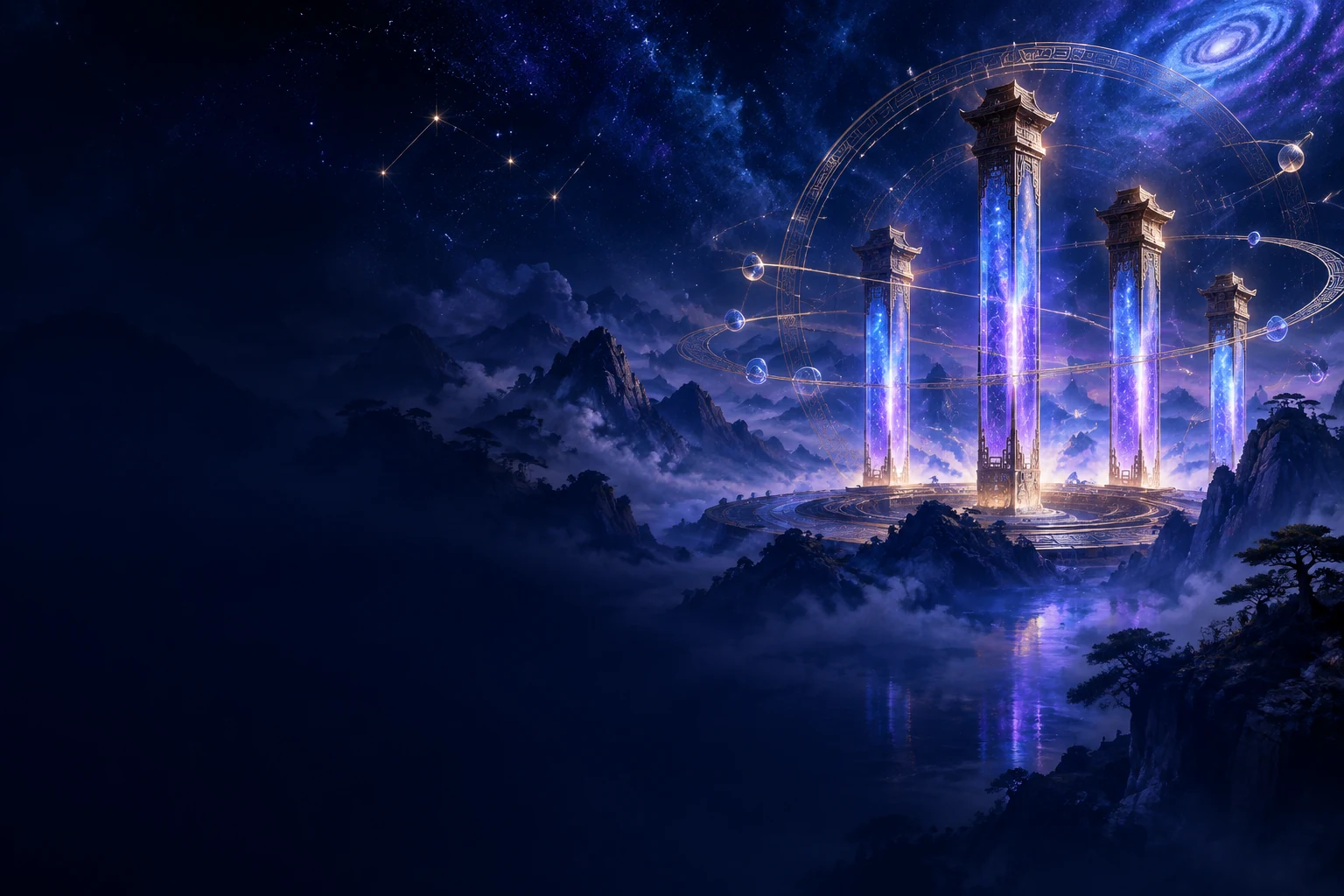 八字智能体的星空与山水场景